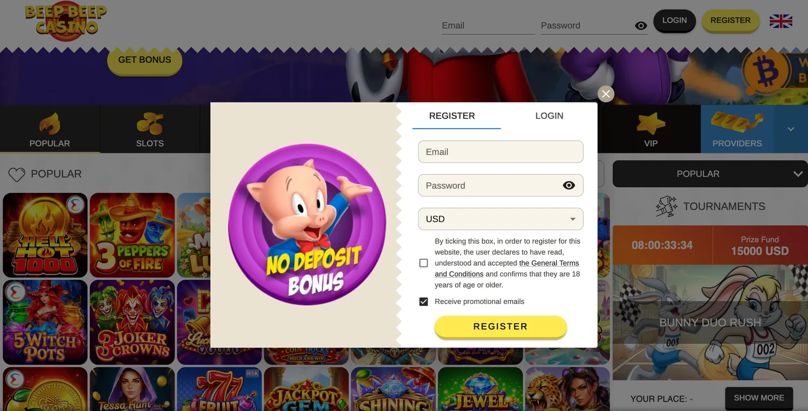 Formularz rejestracyjny nowego konta użytkownika w Beep Beep Casino