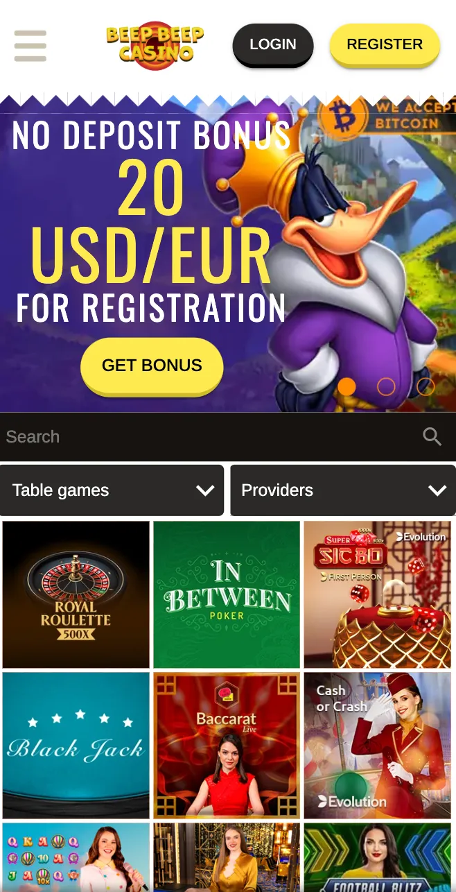 Mobilna wersja serwisu Beep Beep Casino uruchomiona na smartfonie