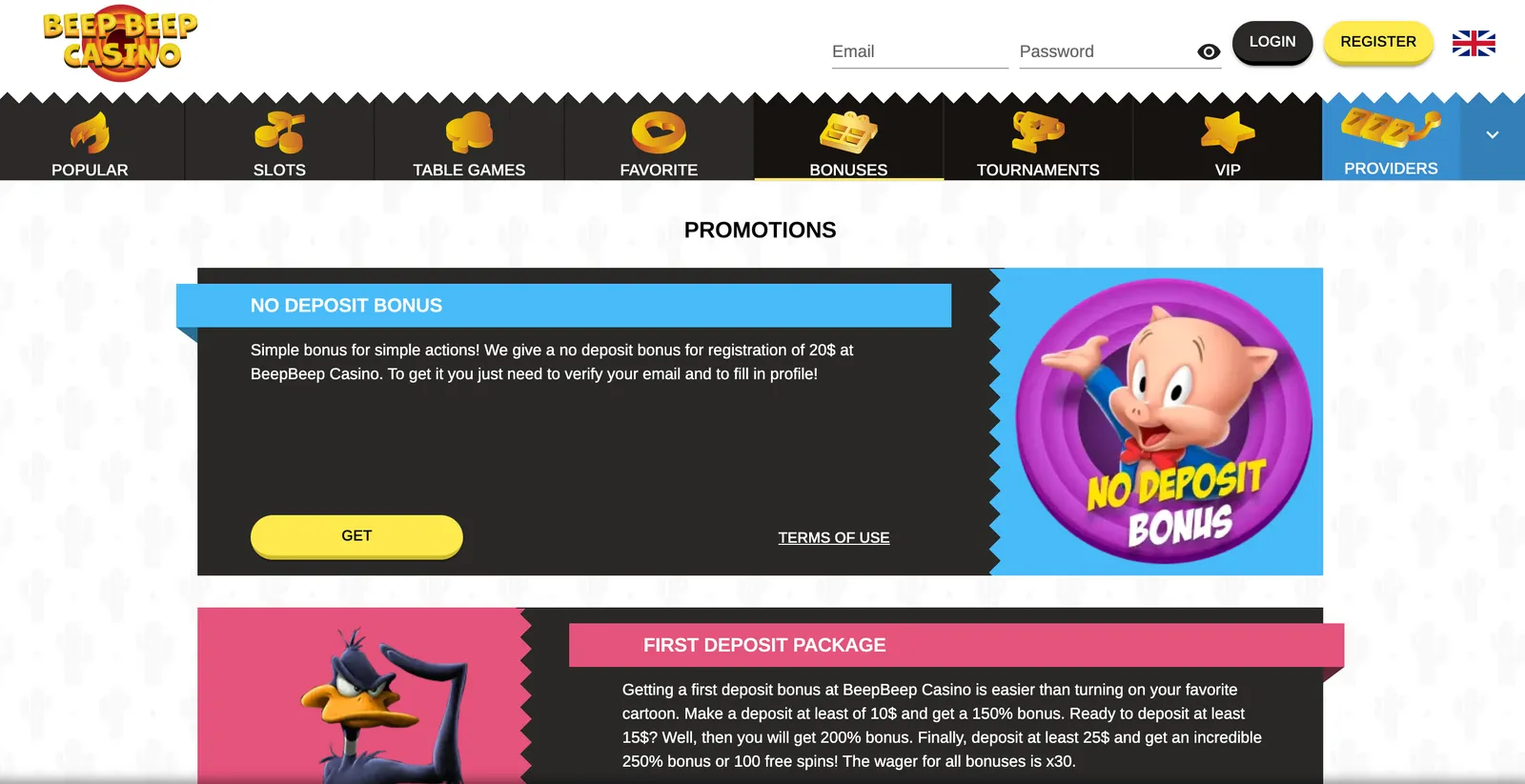 Sekcja aktualnych ofert promocyjnych i bonusów w Beep Beep Casino